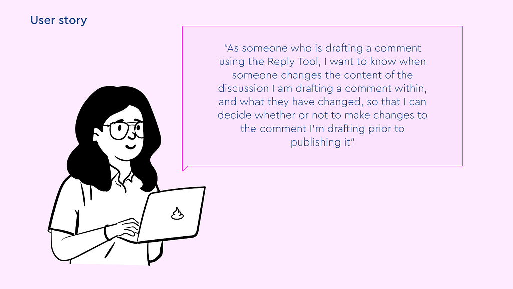 User story with a cartoon woman holding a laptop with a quote