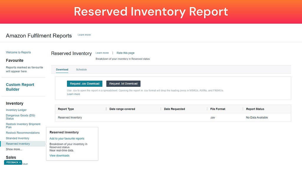 Screenshot of Reserved Inventory Report (Amazon Fulfillment Reports)