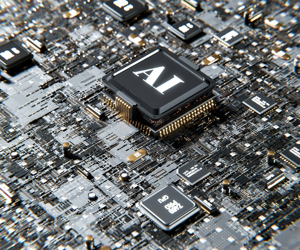 A microchip with the label AI sitting in the middle of a circuit board.