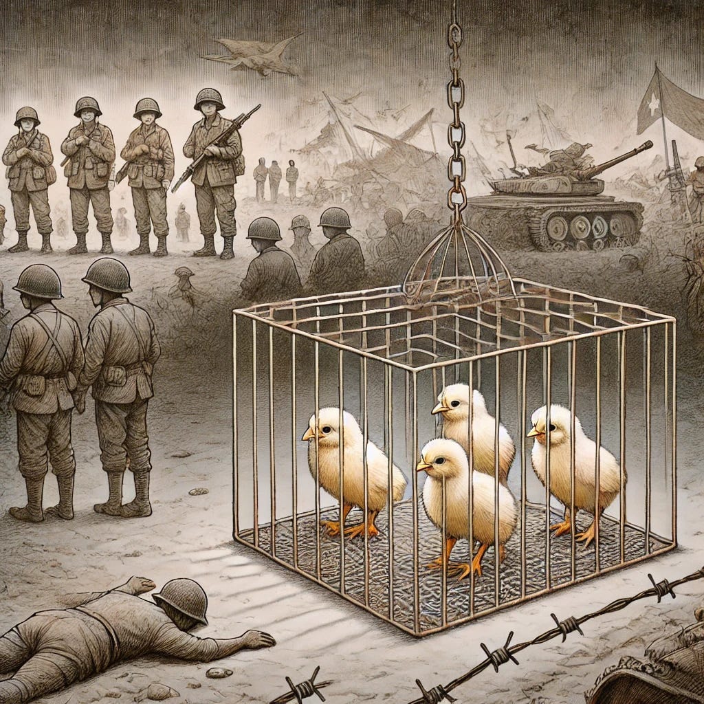 Figure 06: Image created by the Editor via DALL-E 3: An illustration of the metaphor of confinement and dependence: chicks in metal cages symbolize the dependency and confinement of South Vietnamese villagers during the war, an analogy applicable to the situation of countries in war and other forms of armed violence.