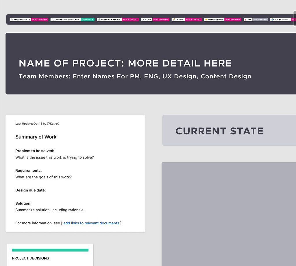 Screenshot of a portion of the Figma Project Template, which includes project name, team members, a summary of the problem and requirements and due date, and a space to capture current state designs.