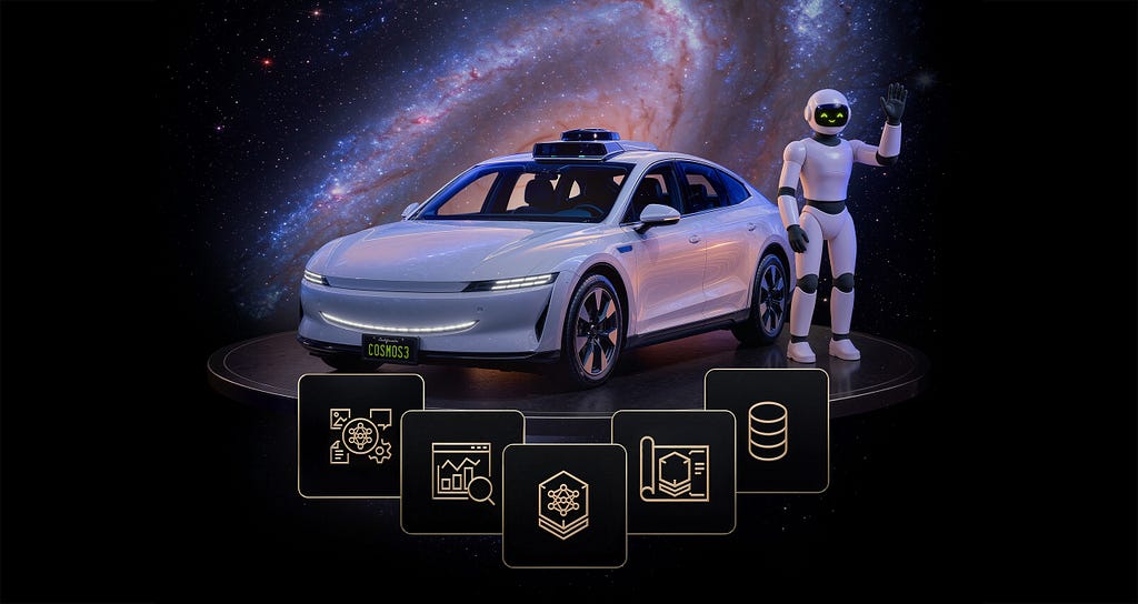 NVIDIA Cosmos 3 promotional image showing an autonomous vehicle and humanoid robot against a galaxy backdrop, with icons representing AI reasoning, data, simulation, and physical-world applications.