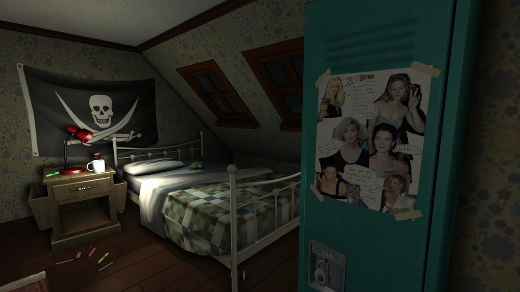 A bedroom. There’s a pirate flag hanging on the wall behind a bed with a quilted blanket. Near the entrance, there’s a metal locker with a collage of some female celebrities taped to the front.