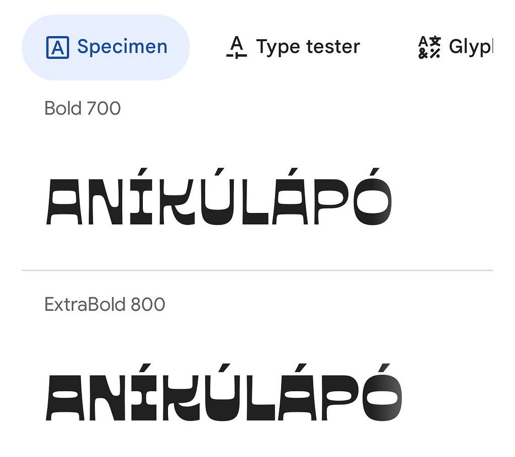 A text ANIKULAPO in Ojuju font with accents used to describe an African font type