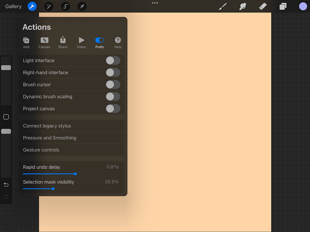 Selecting the settings option in Canvas view