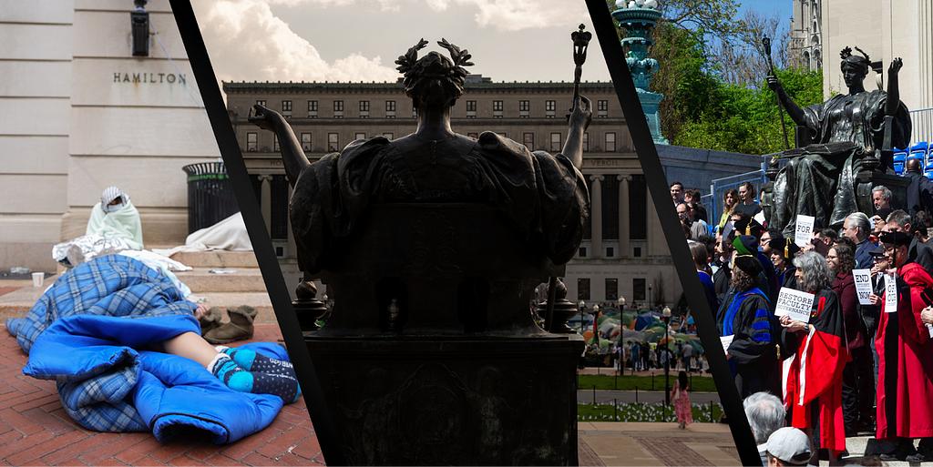 This image is divided into three sections. On the left section, a person is sleeping on the brick floor on in their sleeping bag. In the background, you can see a building with “HAMLITON” on it. In the middle section, there is a back view of an angelic statue that faces the university’s buildings. On the right screen there is a protest of faculty.