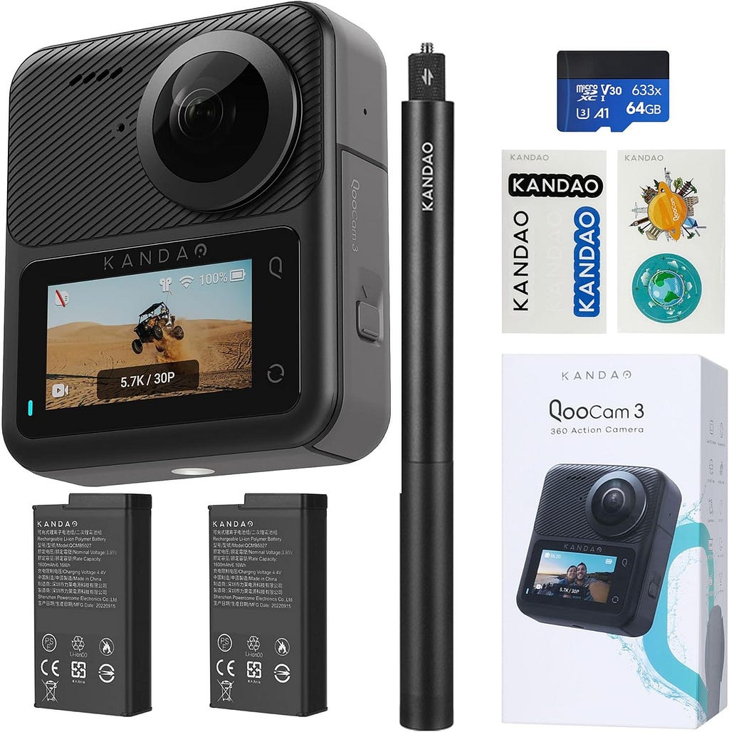 KanDao QooCam 3 Action Camera with Dual 1/1.55" Sensors, 5.7K 30FPS 360 Sports Camera, HDR Video, 62MP Panoramic Photo, DNG8, F1.6 Large Aperture, Stabilization, Waterproof, Superior Night Shot