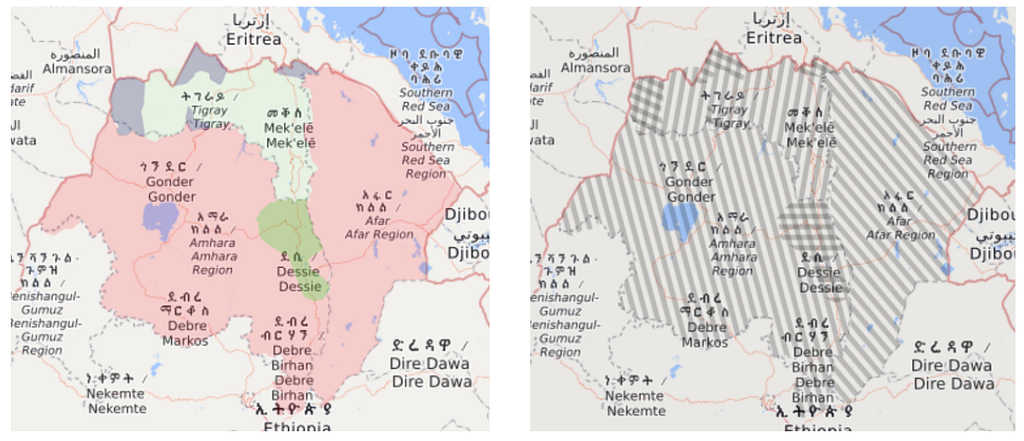Two maps, one with colored areas, the other with striped areas instead of colors.