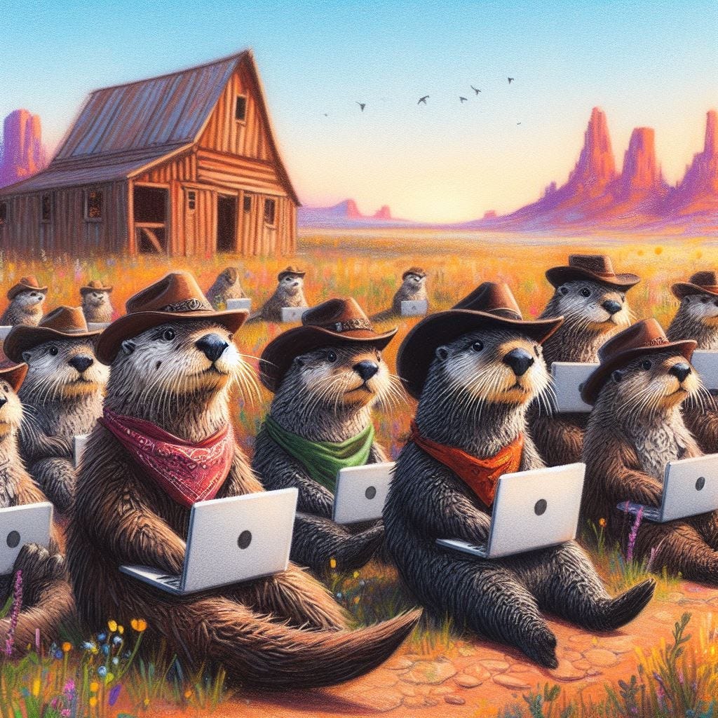 Sea otters in a wild west scene, wearing cowboy hats while working on computers. Image generated with AI via Dalle3.