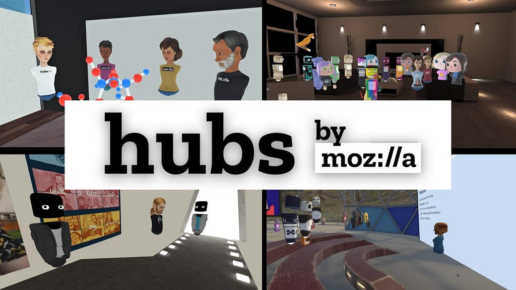 large text reads “hubs by mozilla.” four background images show avatars in social vr scenarios