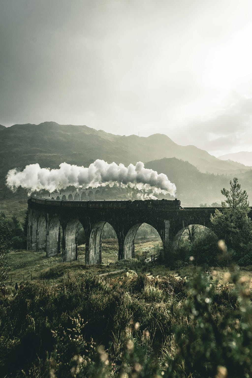 A steam train crossing a bridge