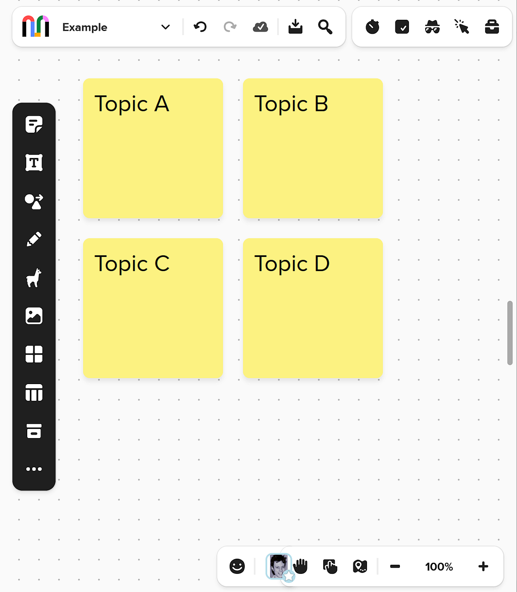 An example Mural board that participants have populated with four digital sticky notes. The notes enumerate example topics A through D.