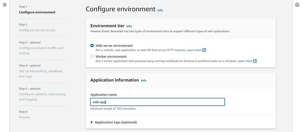 An image showing AWS Elastic Beanstalk environment configuration page