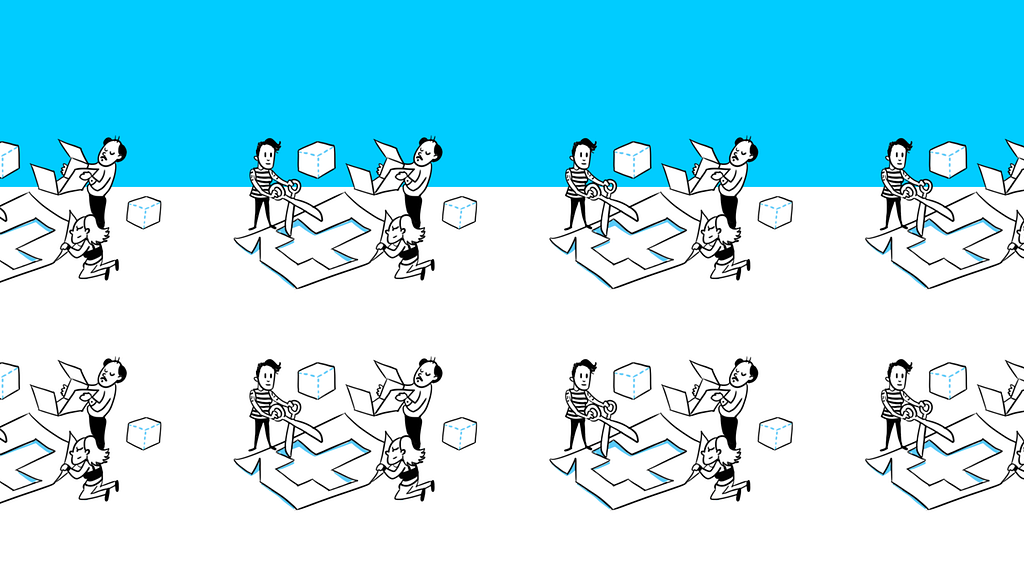 Illustration showing people working together to assemble a cut-out paper box.