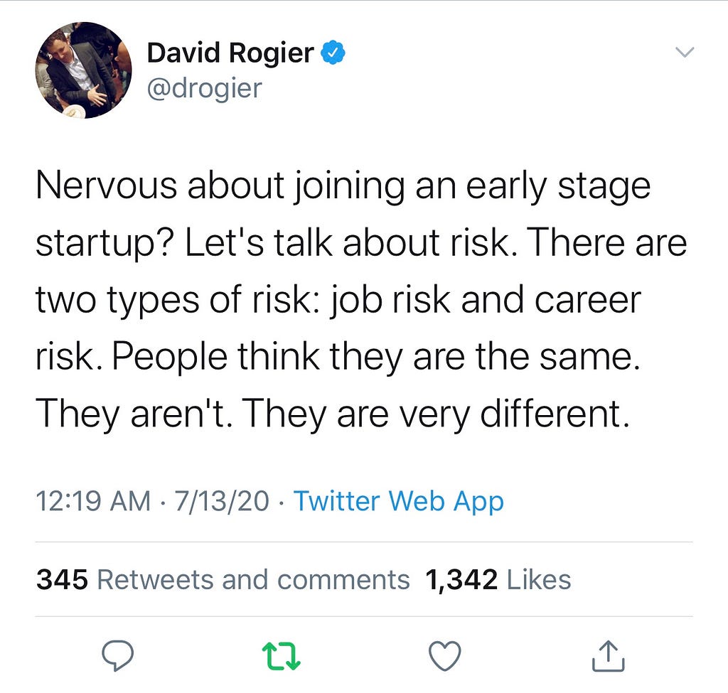 screenshot of a tweet about risk in startups