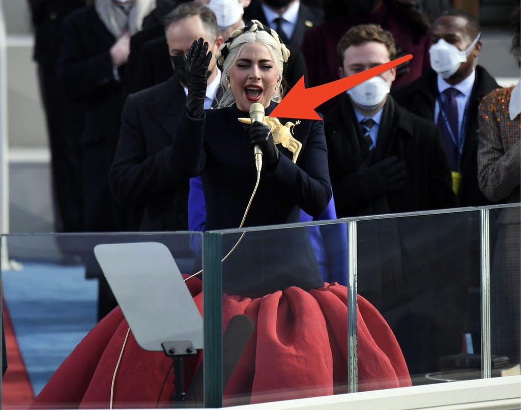 Lady Gaga had a gold microphone that matched her brooch.