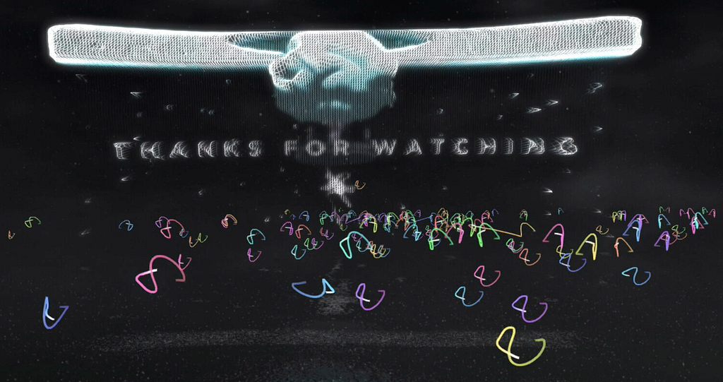 A screenshot of Porter Robinson’s Secret Sky fest where it says “Thanks For Watching” with users as neon worms below.