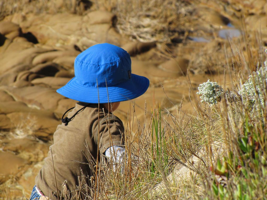 Child wearing a blue hat in a natural environment outdoors