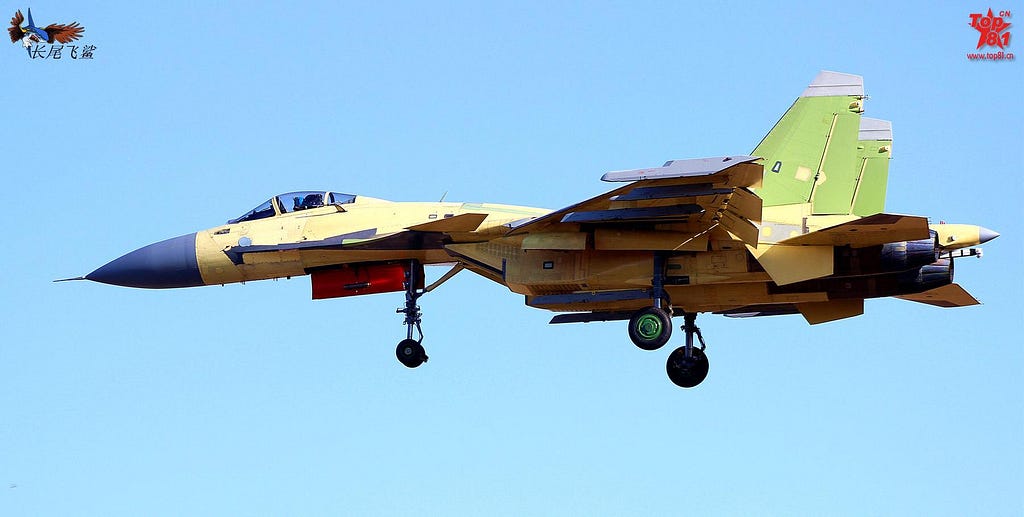 A prototype of the standard J-15 that currently makes up all the production J-15s in service. Note the lack of a catapult launch bar on the nose gear