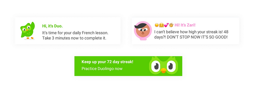 Screenshots of Duolingo’s push notifications