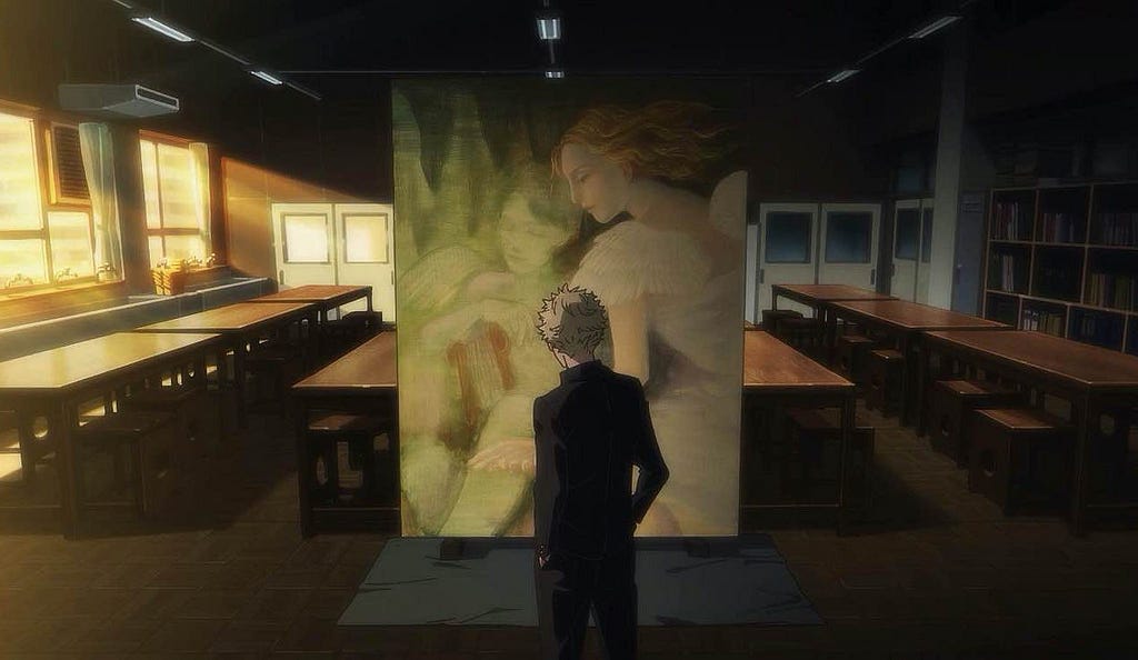 The scene of a student watching a painting of an angel, and feeling his heart move for the first time. Screenshot for the anime “Blue Period”