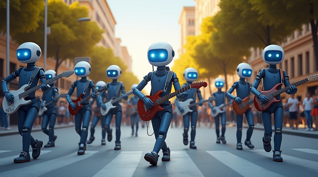 AI agents march through a city street with guitars, symbolizing the emerging wave of autonomous digital assistants entering our world. Like musicians creating harmony together, these agents represent the collaborative nature of agentic AI systems that are transforming our relationship with technology