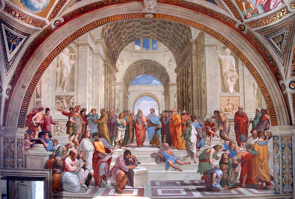 La Escuela de Atenas, obra Rafael Sanzio producida entre 1509 y 1510. Ubicada en la Stanza della Segnatura en los Museos Vaticanos, es una de las obras de arte más famosas del Renacimiento. Rafael congrega a los mayores pensadores de la antigüedad clásica, representados juntos en un solo espacio, discutiendo y compartiendo conocimiento. En el centro, Platón y Aristóteles caminan lado a lado.