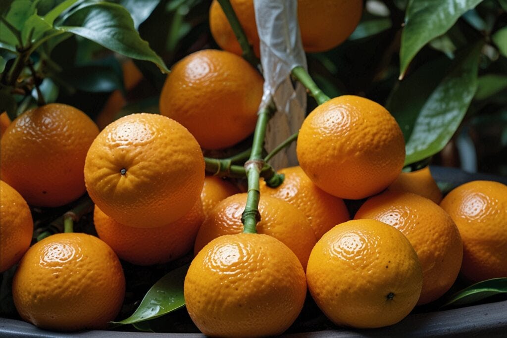 Fresh hydroponic oranges with vibrant green leaves on a plant, some attached to branches, highlighted by soft lighting.