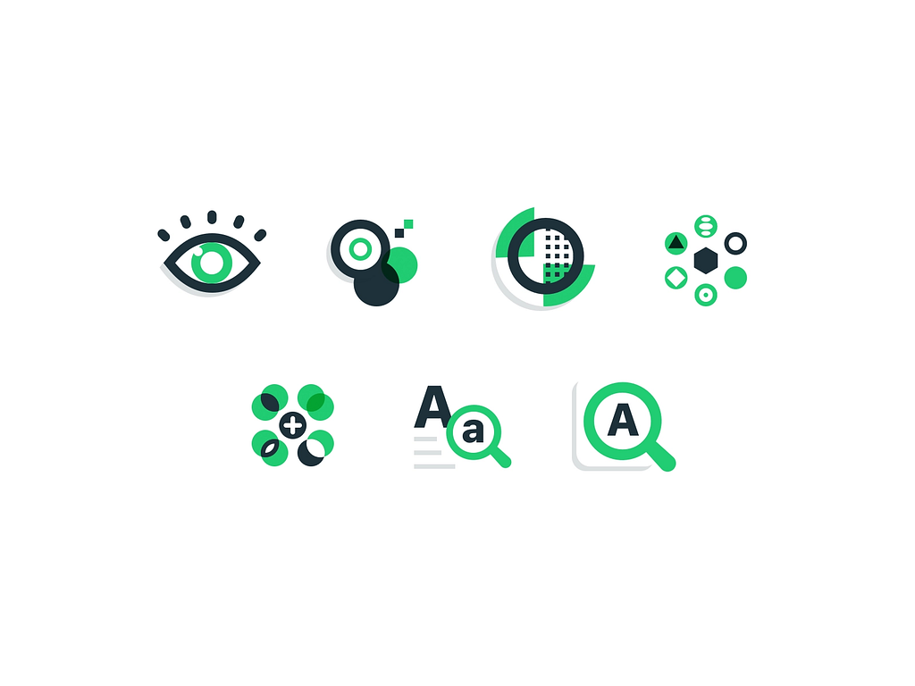 ilustração de sete elementos em azul e verde representando acessibilidade e inclusão, com lupa, círculos, letras e olho