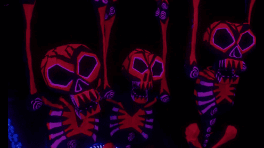 Neon skeletons in Oogie Boogie’s lair in The Nightmare Before Christmas