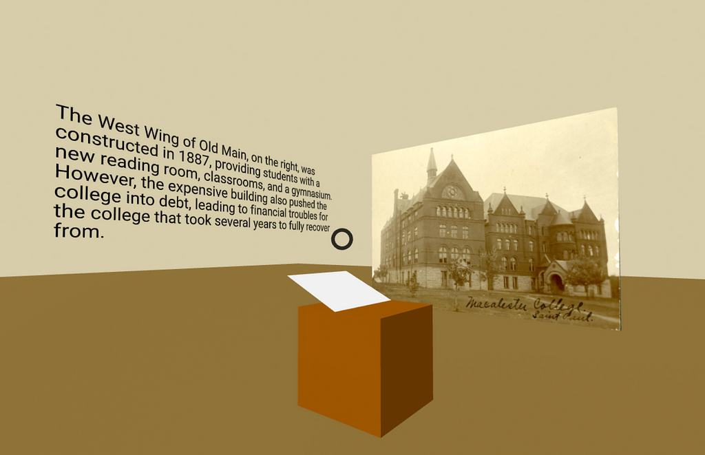 A sepia-colored image from 1887 sits in an equally sepia-toned environment, with a description of the image to the left. The description reads: “The West Wing of Old Main, on the right, was constructed in 1887, providing students with a new reading room, classrooms, and a gymnasium. However, the expensive building also pushed the college into debt, leading to financial troubles for the college that took several years to fully recover from.”