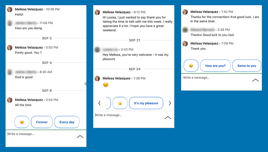 Screenshots of a LinkedIn chat messages with slightly odd replies