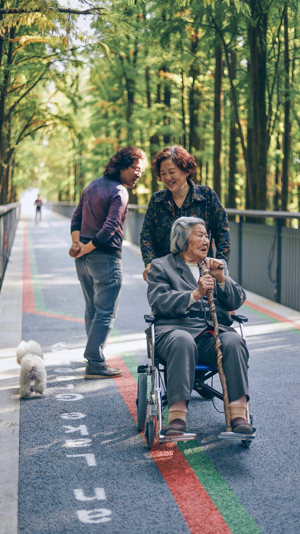 Smiling lady in a wheel chair pushed by a another smiling lady talking to a younger woman. -a cosy yhree some