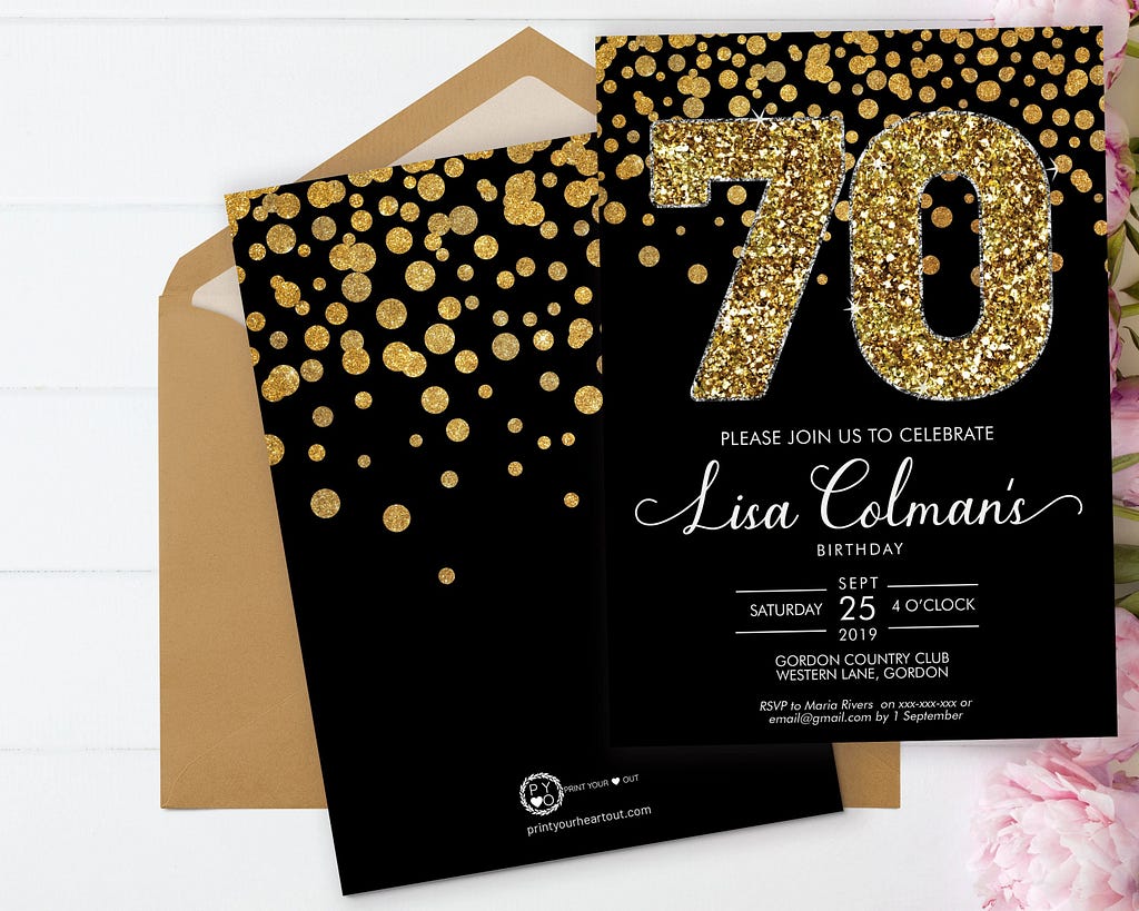 DIY 70th Birthday Confetti Invitation Printable Template, Black Gold Glitter Editable Birthday