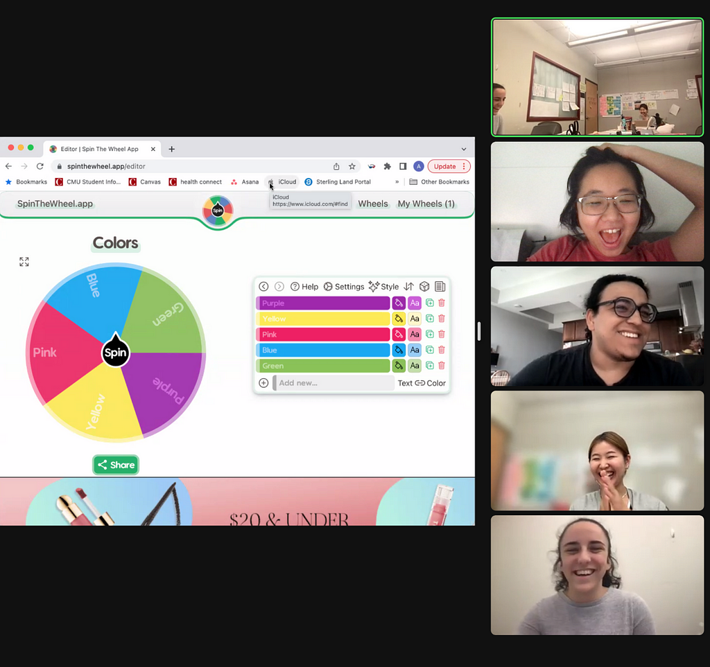 A screenshot shows the Zoom interface with the team looking at a spinning wheel that shows who will present next. The team members are shown laughing at the wheel and having fun deciding who gets put in the hot seat next.