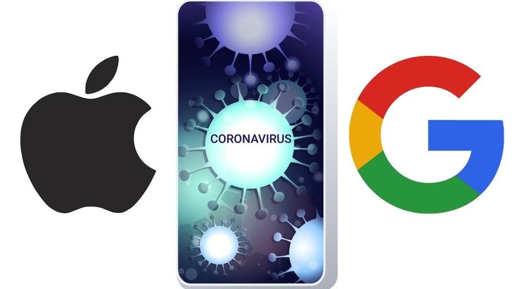 Apple and Google logos with coronavirus on mobile screen