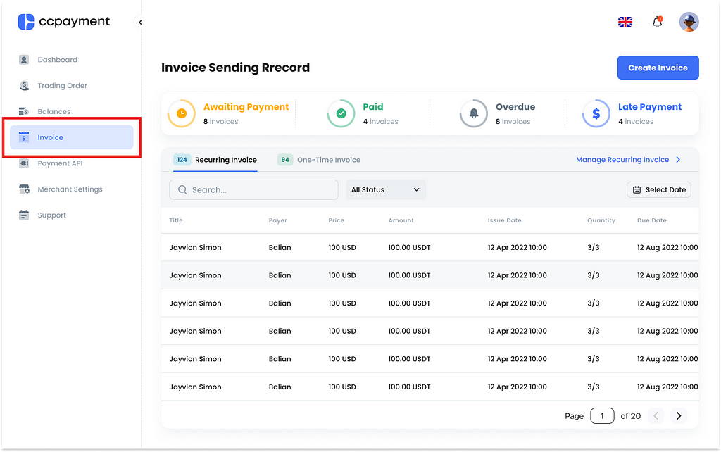 CCPayment dashboard