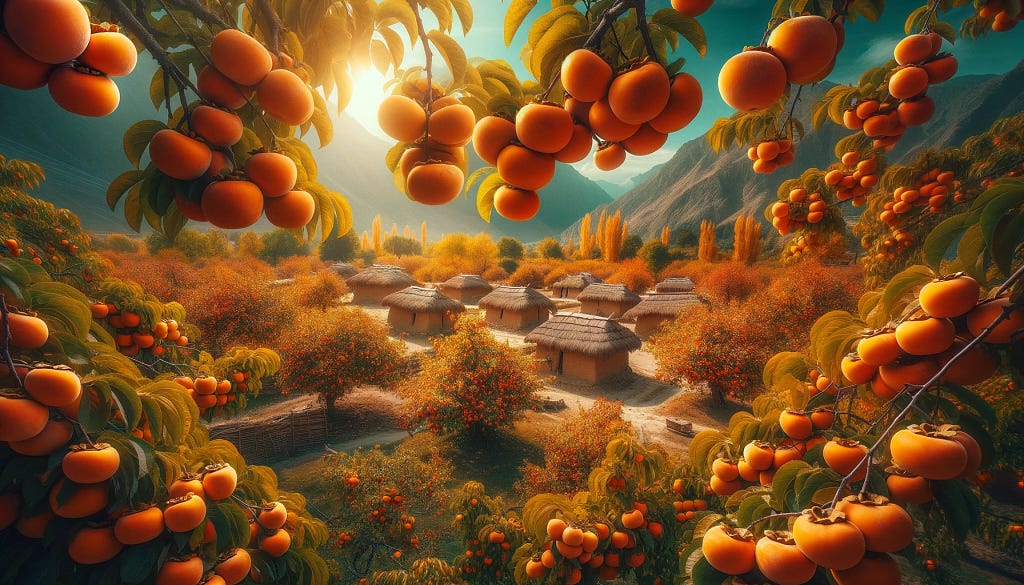 A panoramic view of a lush Pakistani persimmon orchard during autumn, with the golden-orange hues of ripe persimmons hanging from the trees, traditional Pakistani mud houses in the background, and a clear blue sky above.