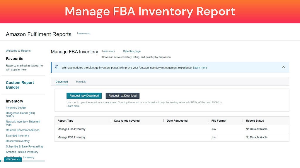 Screenshot of Manage FBA Inventory Report (Amazon Fulfillment Reports)