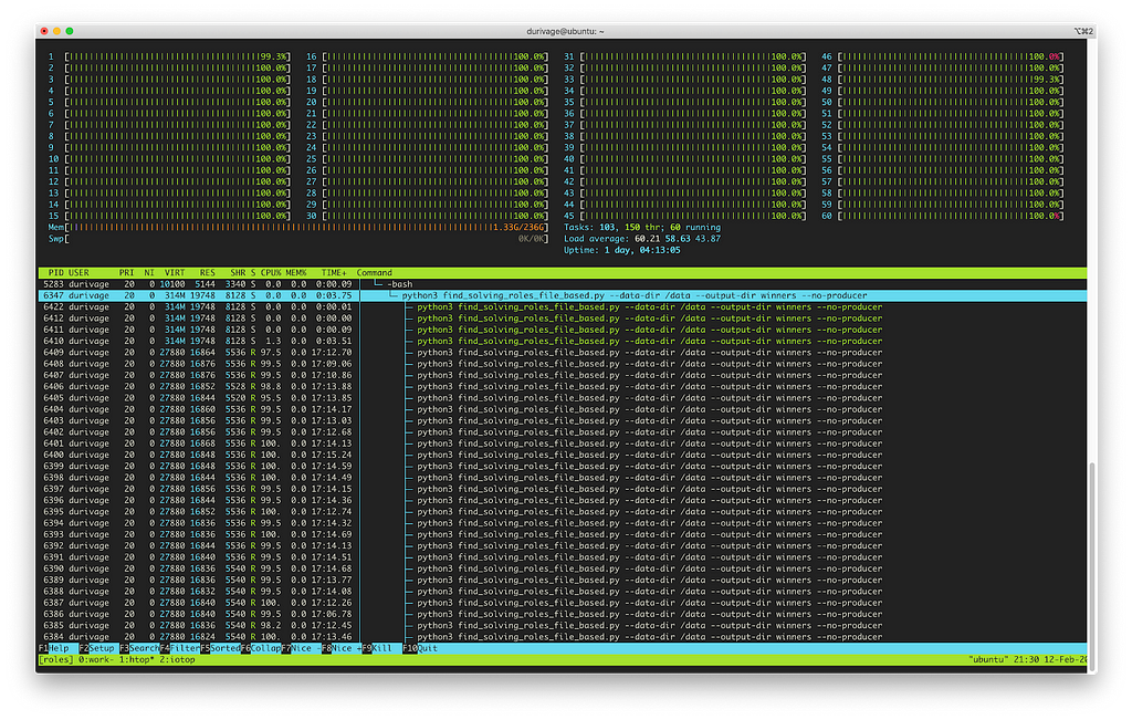 A terminal window running htop, displaying full CPU utilization of the compute instance as it brute-forces an answer