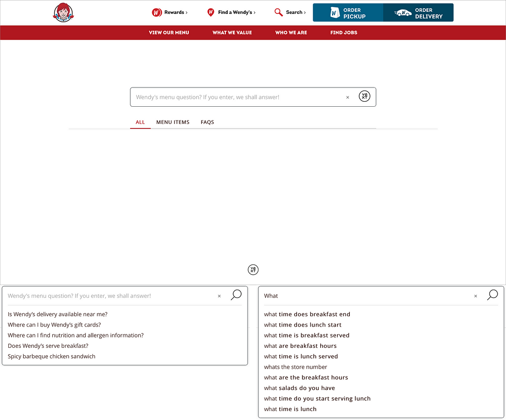 Wendy’s search page which shows the auto suggestions