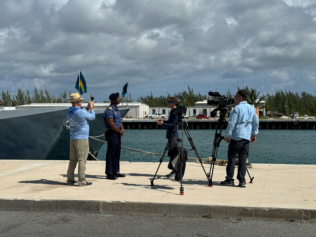 An image showing the behind-the-scenes view of CBS interviewing Royal Bahamian Defence Force’s Senior Commander Sturrup