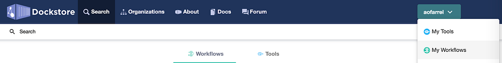 Cropped screenshot of the top of the Dockstore page to show how to get to the "my workflows" page. The user is selecting "my workflows" from the righthand drop down menu.
