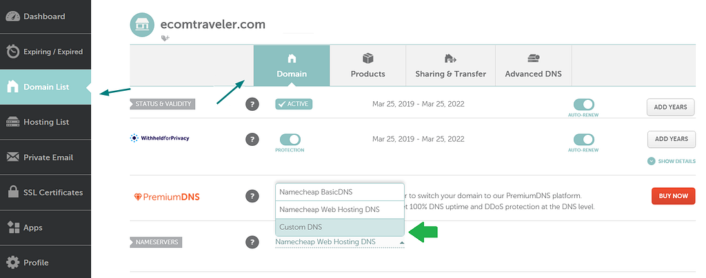 Namecheap DNS Drop-Down List