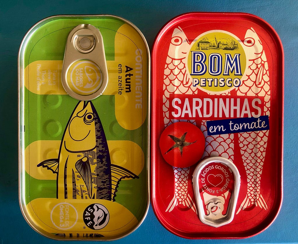 Photo of colourful sardine tins.
