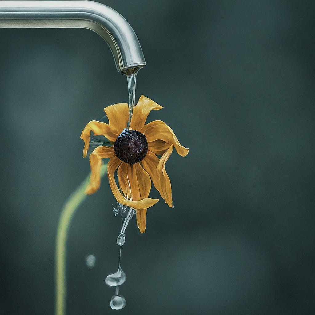 Yellow flower receiving water from faucet, symbolizing mindful resource use for a sustainable future.