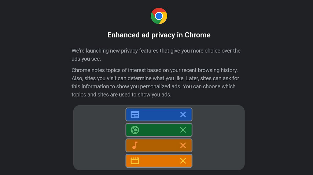 Skjermbilde fra Google Chrome som viser den nye informasjonsskjermen som kommer opp for å gi mer informasjon om Ad Topics.