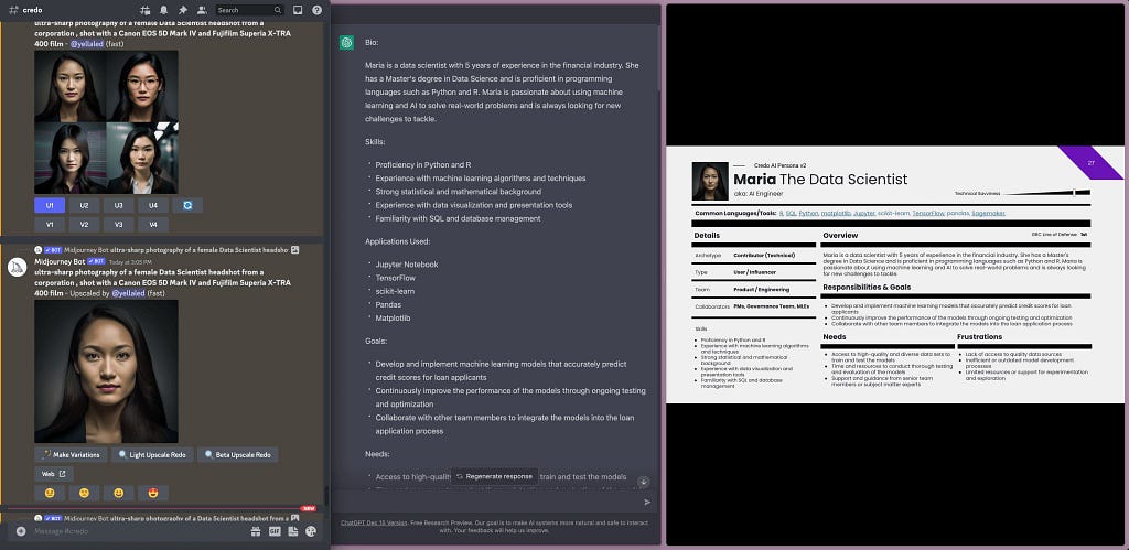 a screenshot from LinkedIn of ChatGPT and Midjourney assisting in the creation of a user persona card for a data scientist