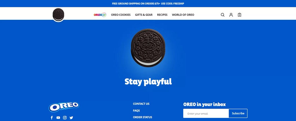 A screenshot of the footer on the Oreo website with the phrase “Stay playful”