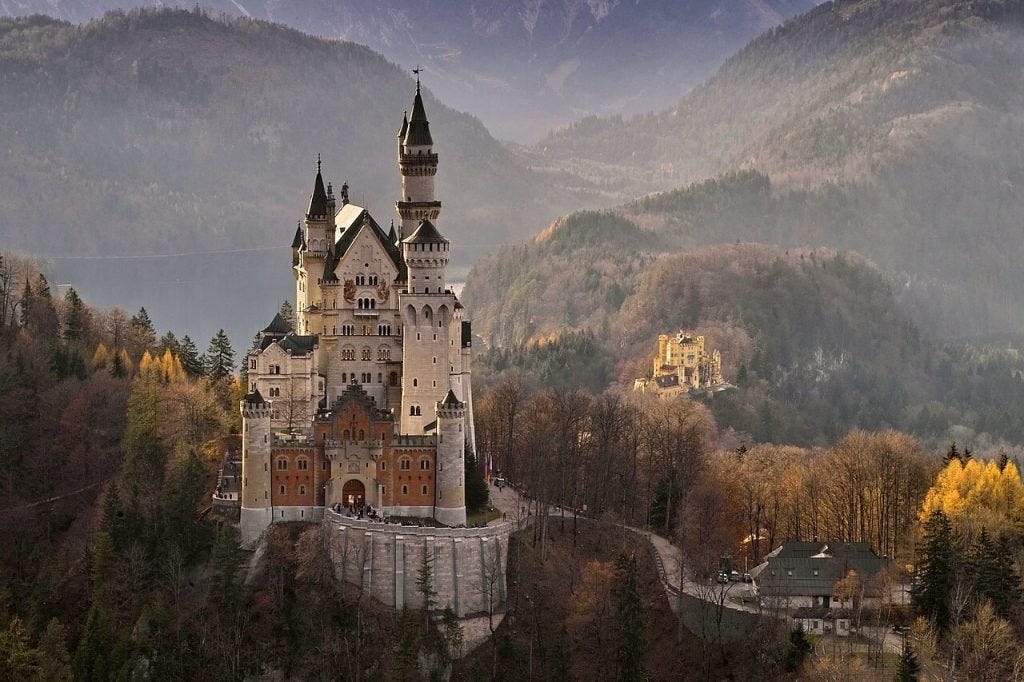 Neuschwanstein pictured from in front with Hohenschwangau castle in the background